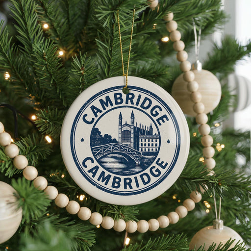 A Christmas tree decorated with ornaments, including a circular ornament with the text "Cambridge" and a castle illustration, surrounded by lights and greenery.