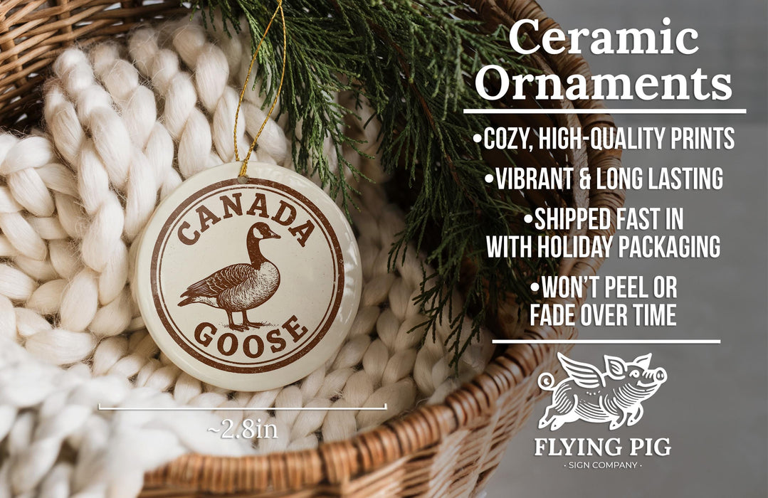 Ceramic ornaments, featuring a ceramic goose ornament with a woven basket and greenery.