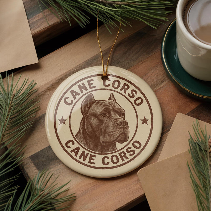 A ceramic ornament featuring a dog's head and the text "CANE CORSO" is displayed on a wooden surface, surrounded by pine branches and a cup of coffee.