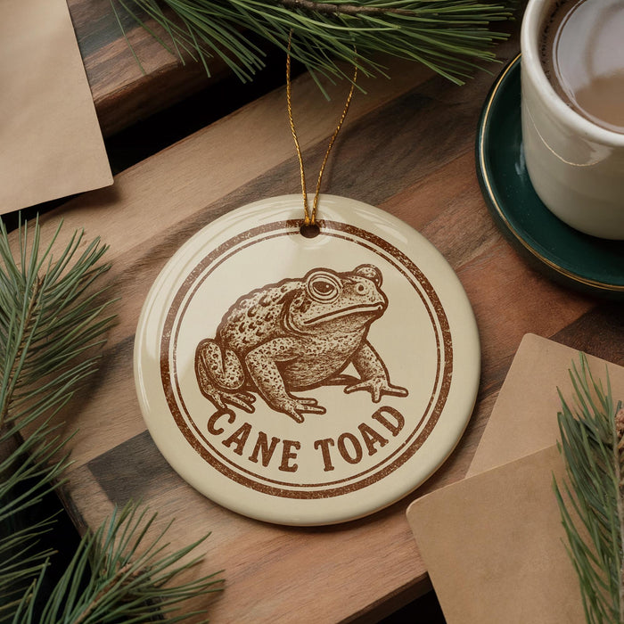 A ceramic ornament featuring a detailed illustration of a cane toad, with the text "CANE TOAD" printed on it, is displayed on a wooden surface alongside a cup of coffee and some pine branches.