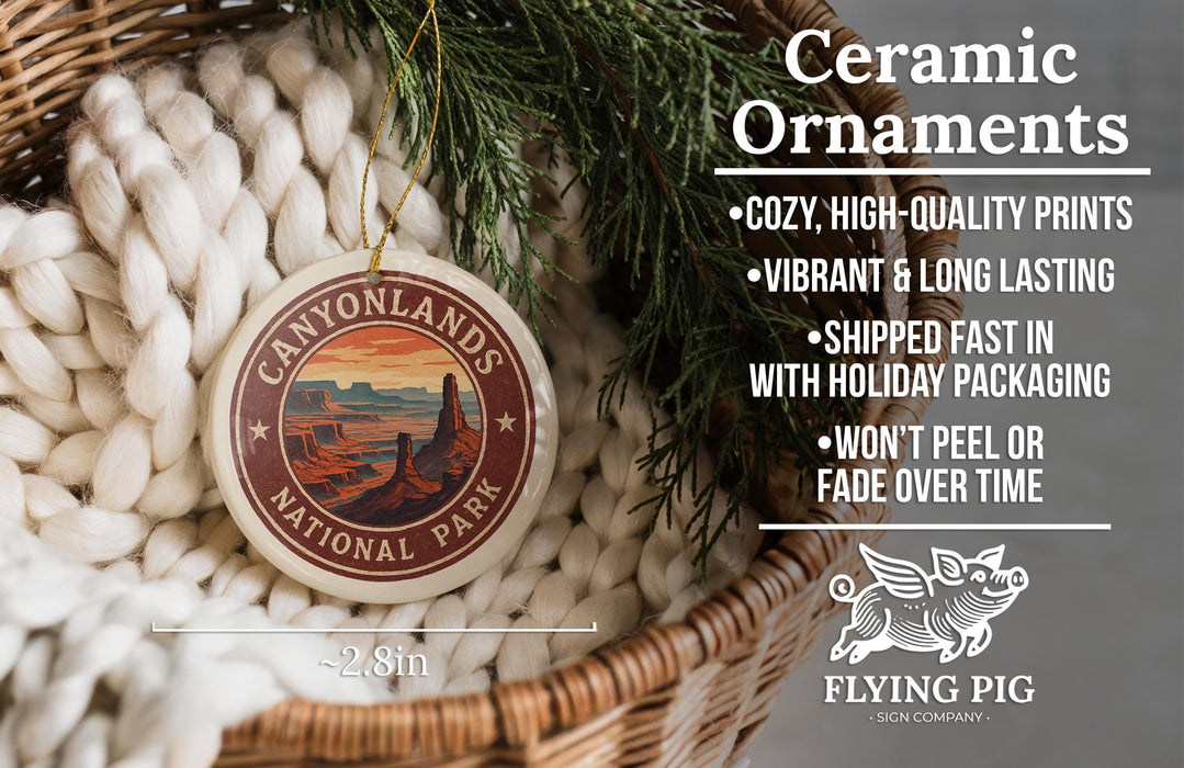 Ceramic ornaments, featuring a design of the Canyonlands National Park, are displayed in a woven basket.