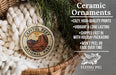 Ceramic ornaments, specifically the Capitol Reef National Park ornaments, are displayed in a woven basket. The text highlights the ornaments as cozy, high-quality prints with vibrant and long-lasting vibrancy, and they are shipped fast in holiday packaging, preventing peeling or fading over time. The image also features a logo for the Flying Pig sign company.