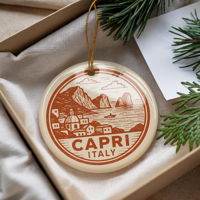 A decorative ornament with a circular design featuring a coastal town and mountains, along with the text "CAPRI ITALY". The ornament is hanging from a string and placed in a box with pine branches.