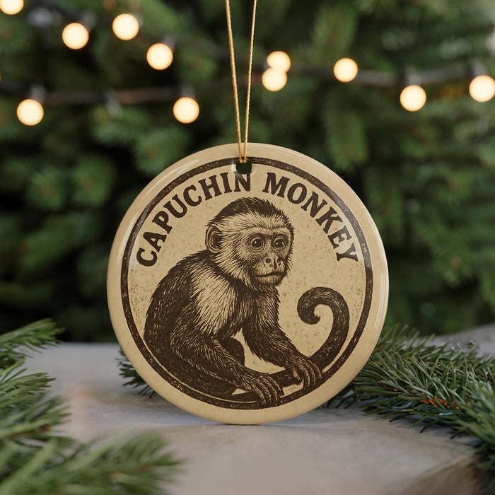 A round ornament featuring a monkey sitting on a branch, with the text "CAPUCHIN MONKEY" printed on it.