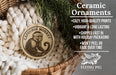 Ceramic ornaments featuring a monkey, with text describing the ornaments as "cozy, high-quality prints, vibrant and long lasting, shipped fast in with holiday packaging, won't peel or fade over time" and the company name "FLYING PIG - SIGN COMPANY".