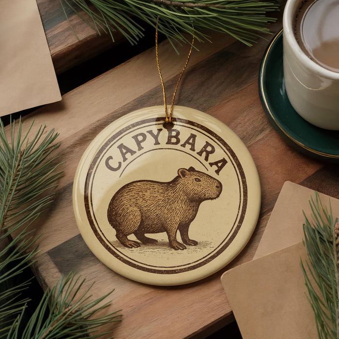 A round ornament with the word "CAPYBARA" printed on it, featuring an illustration of a capybara. The ornament is placed on a wooden surface, surrounded by pine branches and a cup of coffee.