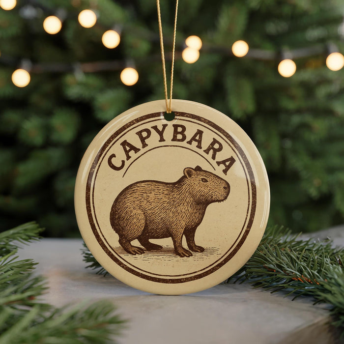 A circular ornament featuring a brown capybara (or similar animal) on a beige background, with the word "CAPYBARA" written around the edge.
