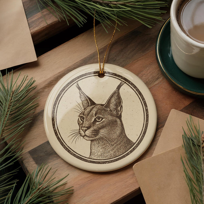 a ceramic ornament with a detailed illustration of a cat's face, placed on a wooden surface next to a cup of coffee and some pine branches.