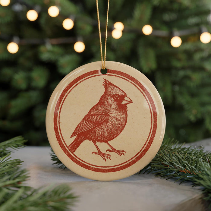 A round ornament featuring a red cardinal bird is displayed against a blurred background of Christmas lights.