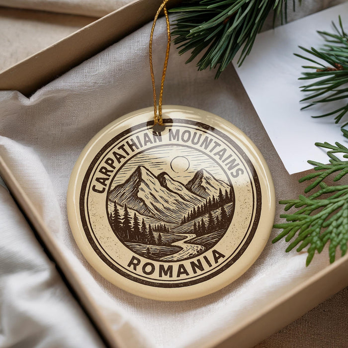 A circular ornament with a mountain landscape and pine trees, featuring the text "CARPATHIAN MOUNTAINS ROMANIA" on it, is displayed in a box with pine branches.