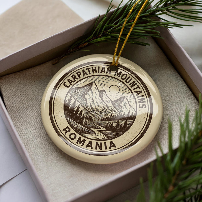 A circular ornament with the text "CARPATHIAN MOUNTAINS ROMANIA" printed on it, surrounded by pine branches.