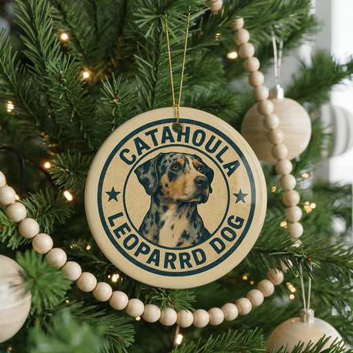 A Christmas tree decorated with ornaments, including a circular ornament with a leopard dog image and the text "CATAHOULA LEOPARD DOG".