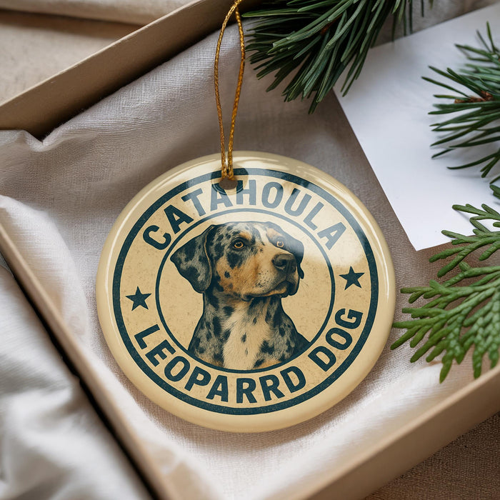 A circular ornament with a leopard dog image and the text "CATAHOULA LEOPARRD DOG" printed on it.