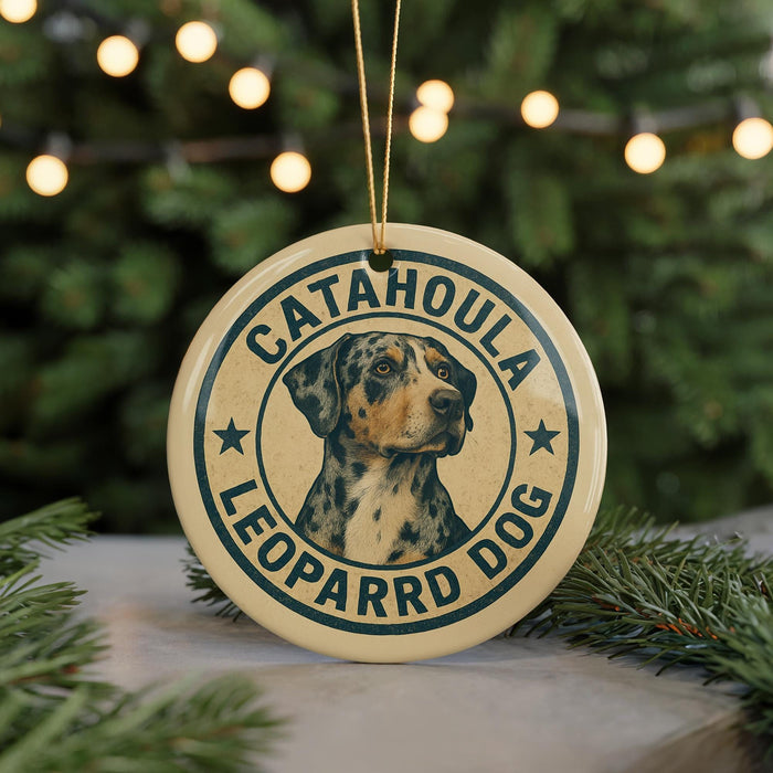 A circular ornament featuring a leopard dog's head, with the text "CATAHOULA LEOPARRD DOG" printed on it.