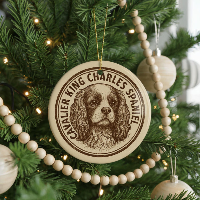 A round ornament with a picture of a Cavalier King Charles Spaniel dog on it, hanging from a Christmas tree.