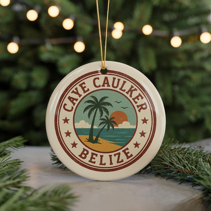 A round ornament with the text "CAVE CAUKER BELIZE" and a palm tree design, hanging from a string against a blurred background of a Christmas tree with lights.