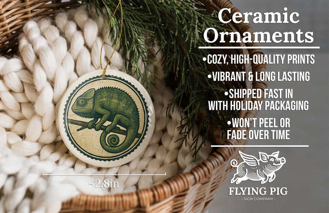 Ceramic ornaments, featuring a chameleon design, are displayed in a woven basket.