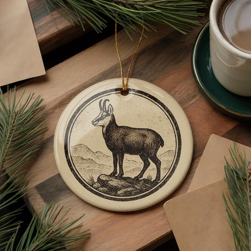 a decorative ornament with a deer illustration on a wooden surface, accompanied by a cup of coffee and some pine branches.