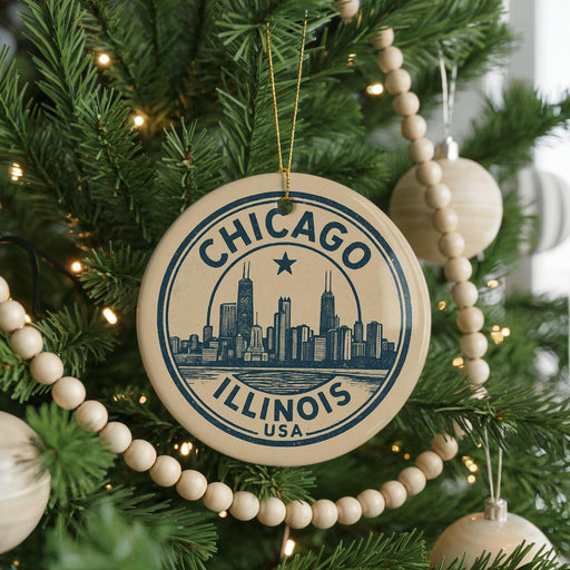 A circular ornament on a Christmas tree, featuring the silhouette of Chicago's skyline and the text "CHICAGO ILLINOIS USA".