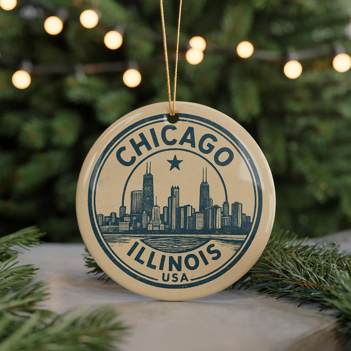 A circular ornament with the text "CHICAGO ILLINOIS USA" and a graphic of a city skyline, hanging from a string.