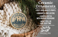a ceramic ornament hanging from a wicker basket, with a text overlay providing information about the ornament.