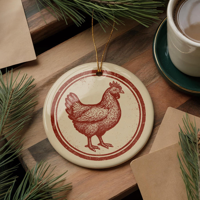 a round ornament with a red and white design depicting a chicken, hanging on a wooden surface. There is also a cup of coffee and some pine branches in the background.