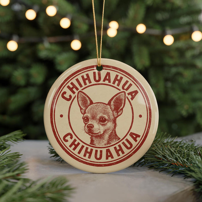 A round ornament with a chihuahua dog's face printed on it, surrounded by Christmas lights and greenery.