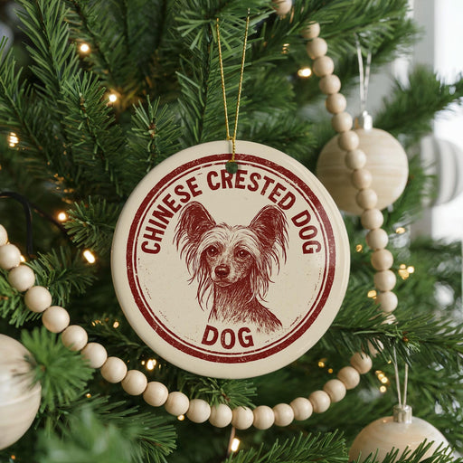 A Christmas tree decorated with ornaments, including a circular ornament with a dog image and the text "CHINESE CREsted DOG" printed on it.