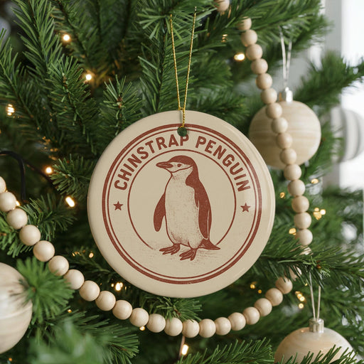 A round ornament with a penguin design hangs on a Christmas tree, surrounded by other ornaments and lights.