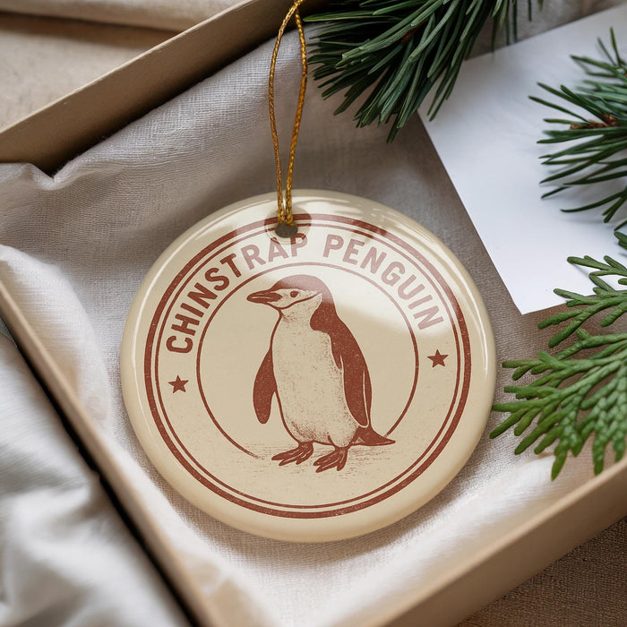 A round ornament with a penguin image and the text "CHINSTRAP PENGUIN" is displayed in a box, surrounded by pine branches.