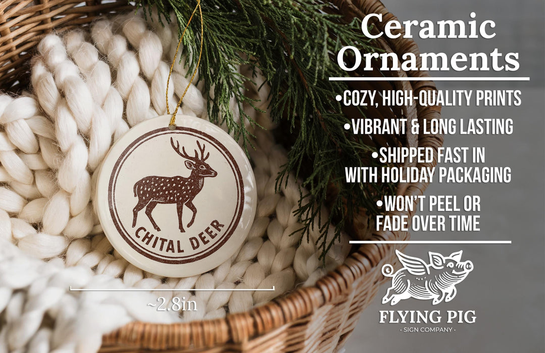Ceramic ornaments, featuring a deer and the text "CHITAL DEER", are displayed in a woven basket.