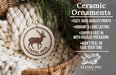 Ceramic ornaments, featuring a deer and the text "CHITAL DEER", are displayed in a woven basket.