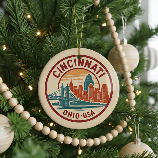 A circular ornament on a Christmas tree, featuring a cityscape and the text "CINCINNATI, OHIO, USA".