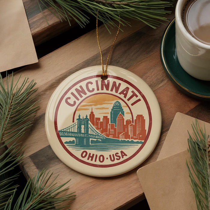 A decorative ornament featuring the Cincinnati skyline, with a bridge and trees in the background, is displayed on a wooden surface alongside a cup of coffee and some papers.