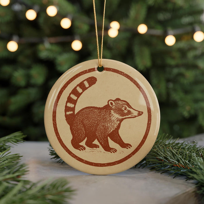 A round ornament featuring a brown raccoon or squirrel design, hanging from a string and placed on a surface with pine branches in the background.