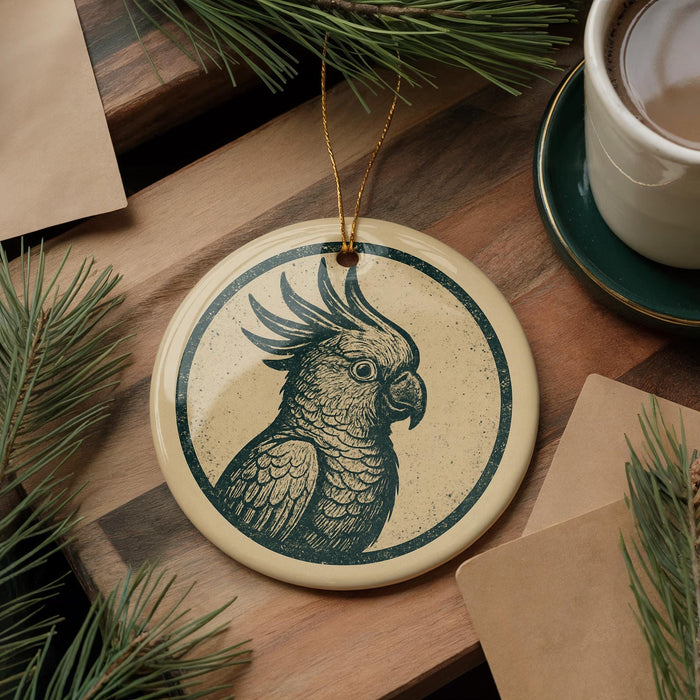 a round ornament with a bird design, placed on a wooden surface next to a cup of coffee and some pine branches.