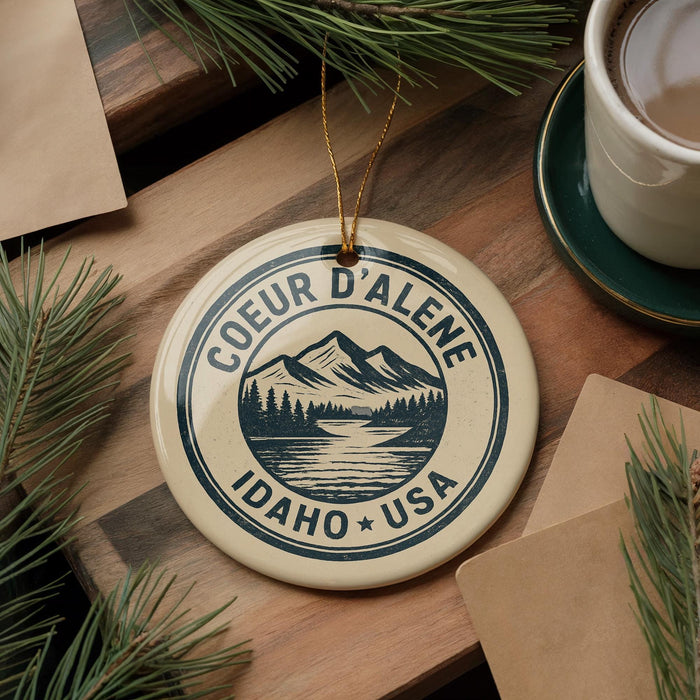 A circular ornament with the text "COEUR D'ALENE IDAHO * USA" printed on it, surrounded by pine branches and a cup of coffee on a wooden surface.