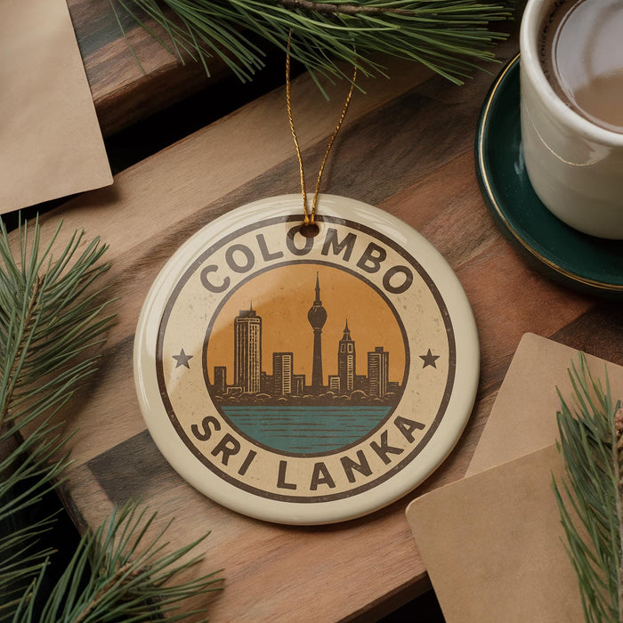 A decorative ornament featuring the skyline of Colombo, Sri Lanka, with the city's iconic tower prominently displayed.