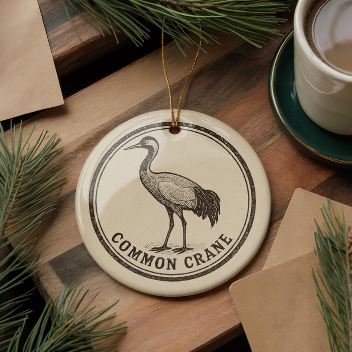 a decorative ornament with a black and white illustration of a crane, placed on a wooden surface. The ornament has the text "COMMON CRANE" printed on it.