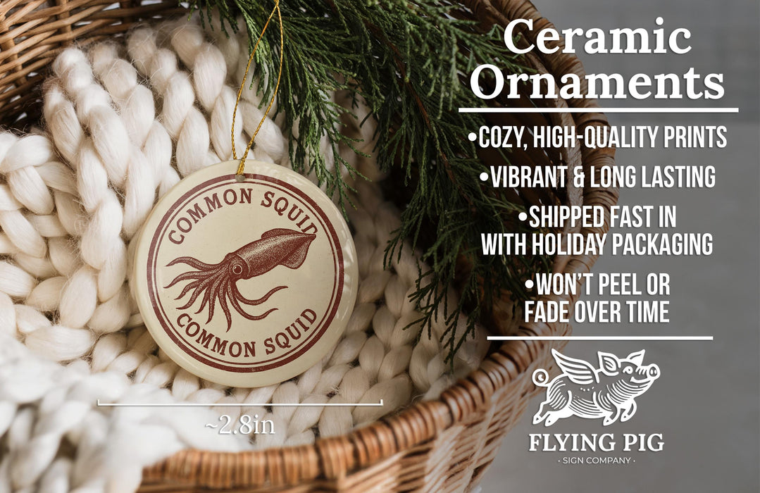 a ceramic ornament in a wicker basket, with a text overlay providing information about the ornament.