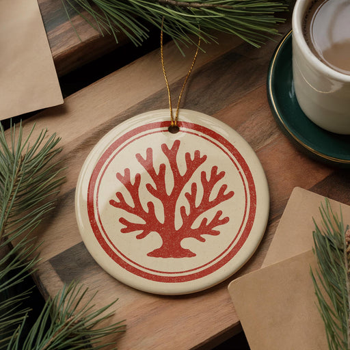 a round ornament with a red tree design, placed on a wooden surface next to a cup of coffee and some pine branches.