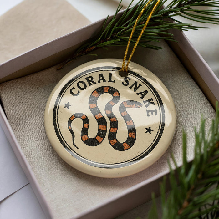 Coral Snake Ceramic Ornament – Circular Stamp Style Wildlife Art, Handcrafted Animal Holiday Decor, Nature Lover Gift