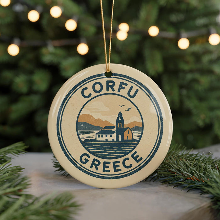 A circular ornament with the text "CORFU GREECE" and an illustration of a lighthouse and a house, hanging from a string.