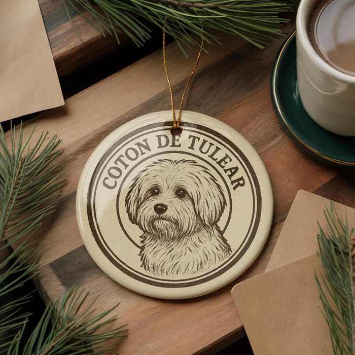 A circular ornament featuring a dog's portrait is displayed on a wooden surface, surrounded by pine branches and a cup of coffee.