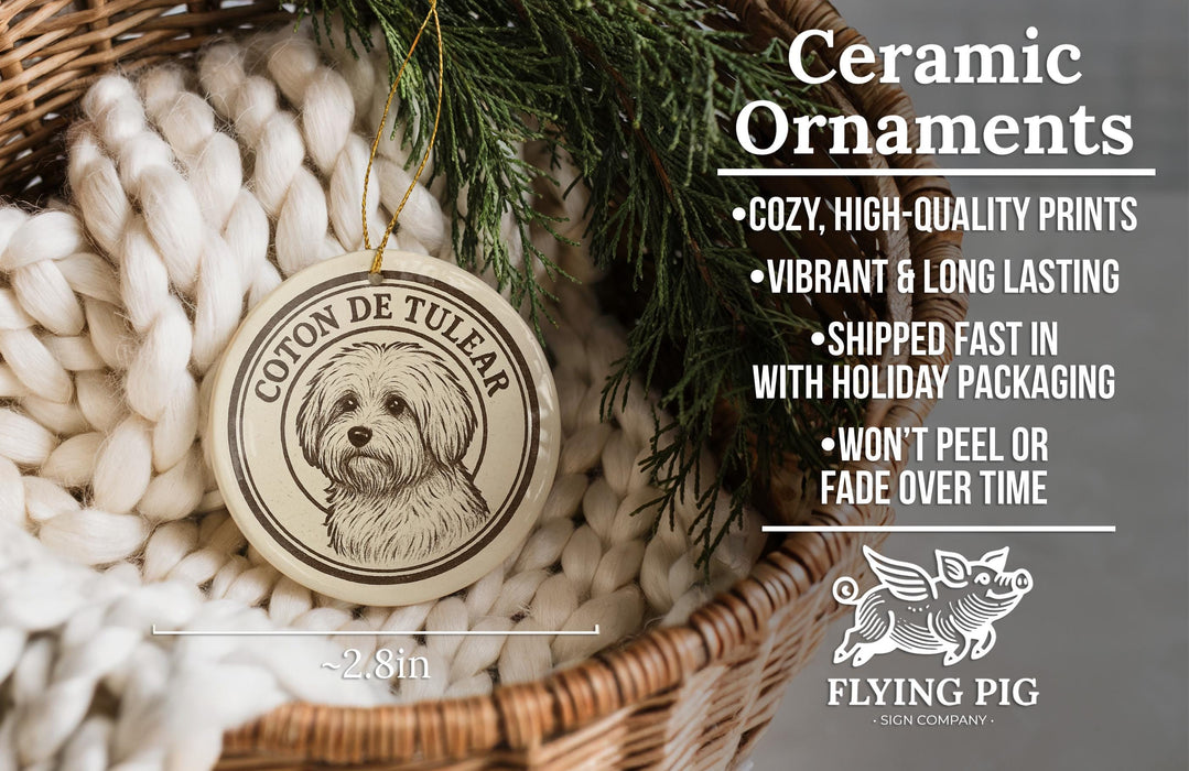 Ceramic ornaments featuring a dog's head, with text describing the ornaments as "cozy, high-quality prints, vibrant and long lasting, shipped fast in with holiday packaging, won't peel or fade over time" and "2.8in" in the bottom left corner.