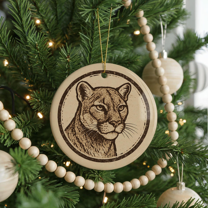 A Christmas tree decorated with ornaments, including a circular ornament featuring a close-up of a cougar's face.