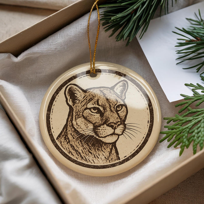 A round ornament featuring a close-up of a cougar's face, with a pine branch and a white card visible in the background.