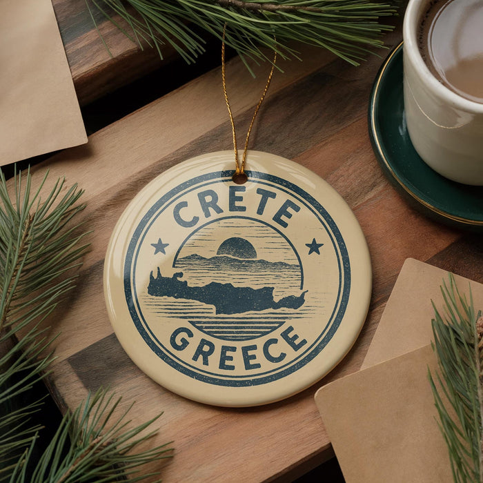 A circular ornament with the text "CRETE GREECE" printed on it, surrounded by pine branches and a cup of coffee on a wooden surface.