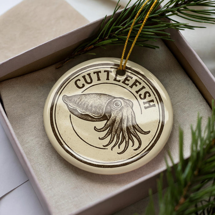 A circular ornament with the word "CUTTLEFISH" printed on it, featuring an illustration of an octopus.