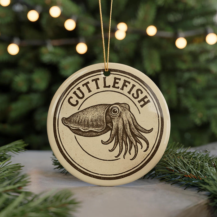 A round ornament with the word "CUTTLEFISH" printed on it, featuring an illustration of an octopus.